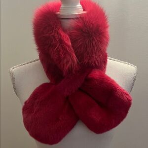 Yves Salomon Vibrant Red Faux Fur Scarf